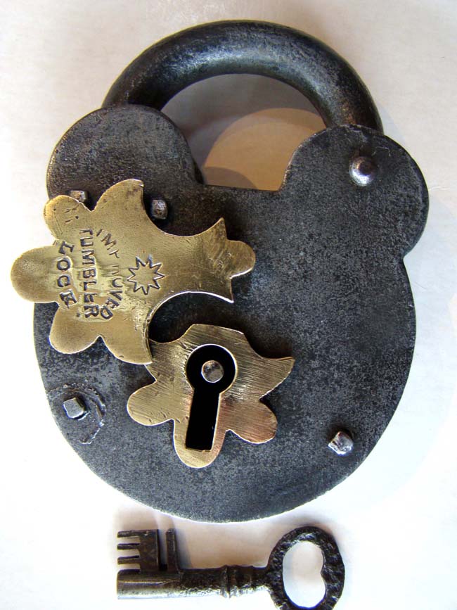 A very nice brass mounted English "Improved Tumbler Lock" with its' original key circa 1860